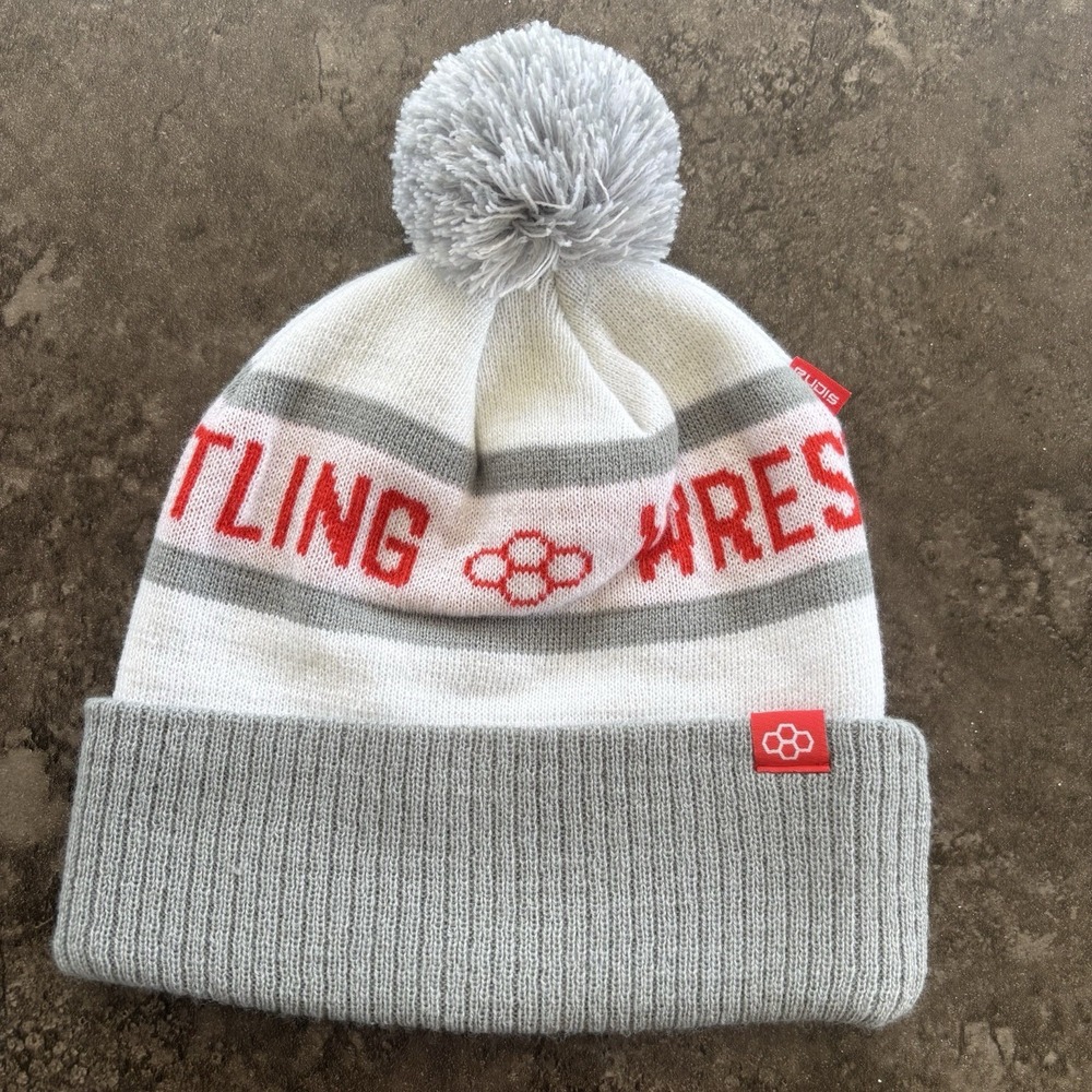 RUDIS Wrestling - Pom Winter Hat Beanie - Gray Red - Stocking Cap Toboggan